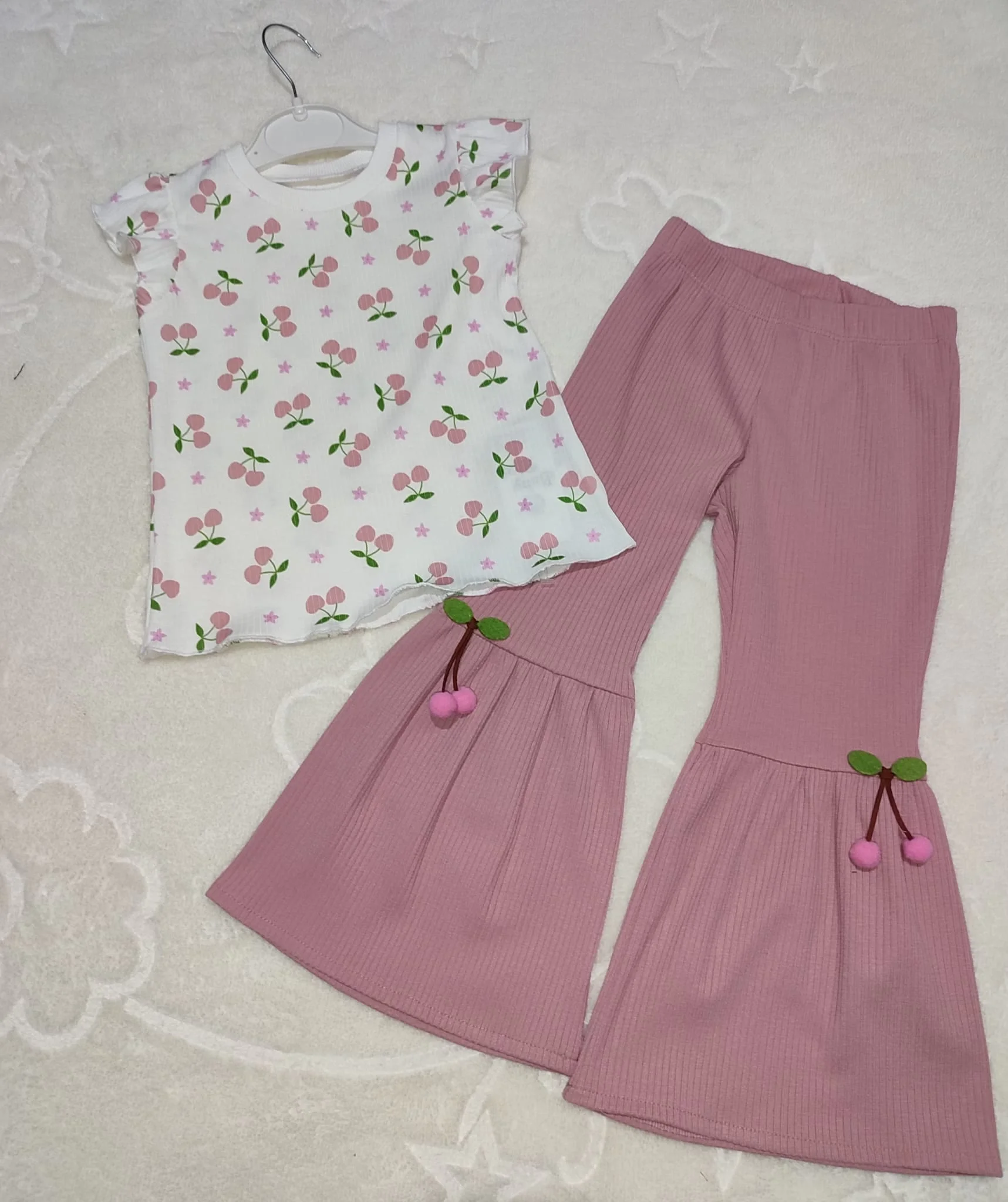1-2-3-4 Age Cherry Printed T-shirt Spanish Rat Likralı 2 Girl Kids Set Rose Dry