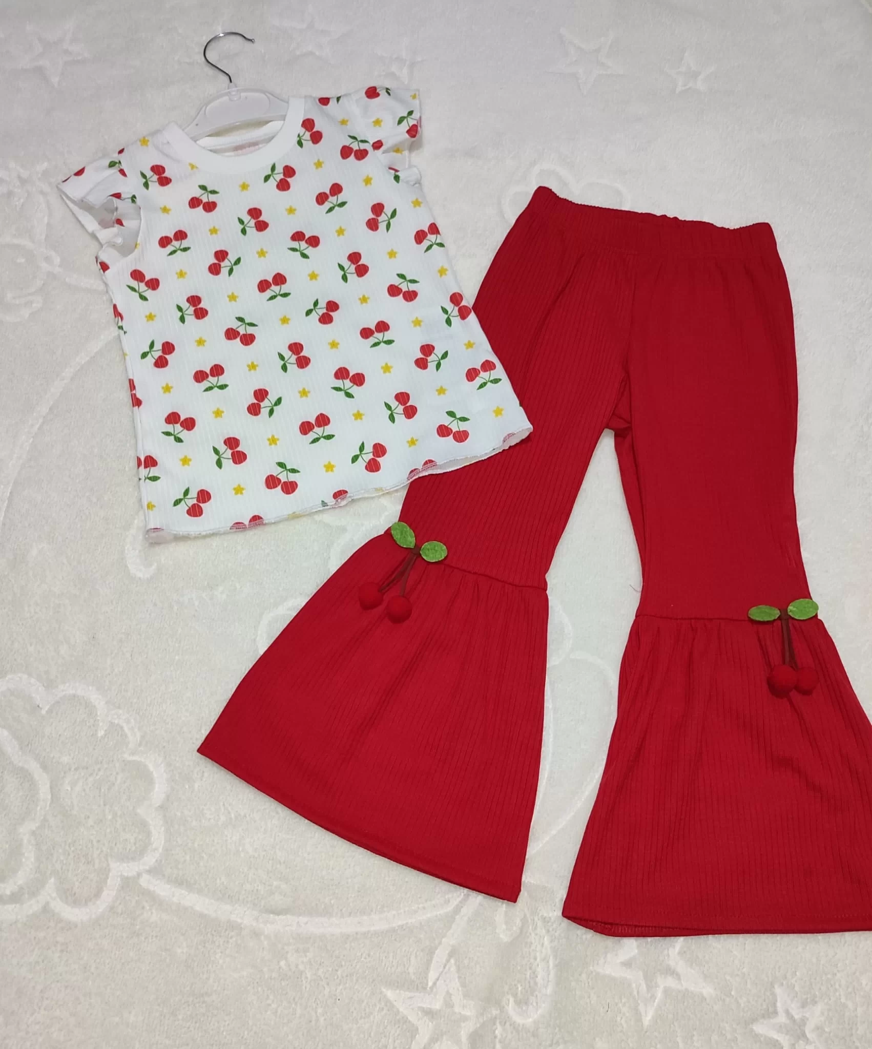 1-2-3-4 Age Cherry Printed T-shirt Spanish Rat Likralı 2 Girl Children Set Red