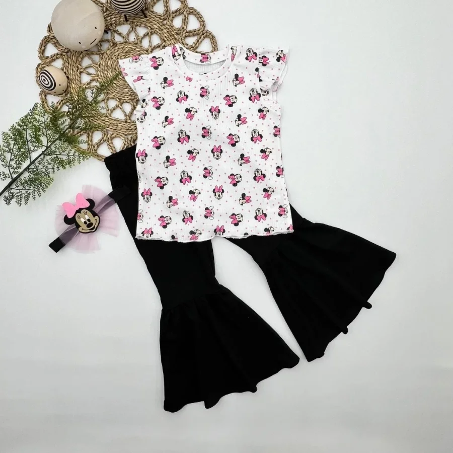 1-2-3-4 Age Mickey Printed Bandanali T-shirt Spanish Paçalı Likralı 3some Girls Set Black