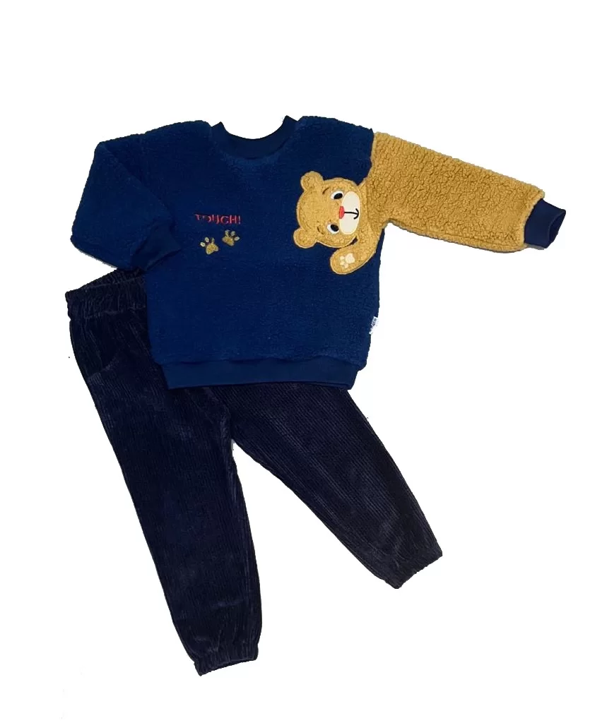 1-2-3 Bear Sleeves Lamb Fabric Sweat Velvet Pants Girl-men 2 Sets Navy
