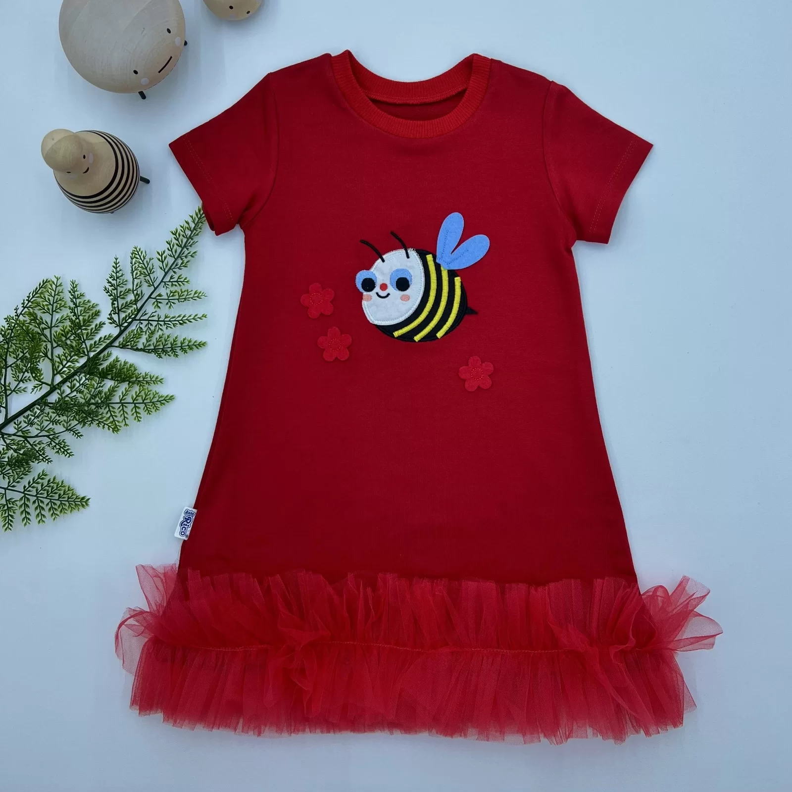 1-2-3 Age Bees Embroidery Meat Fırfırlı Jile Girl Kids Dress Red