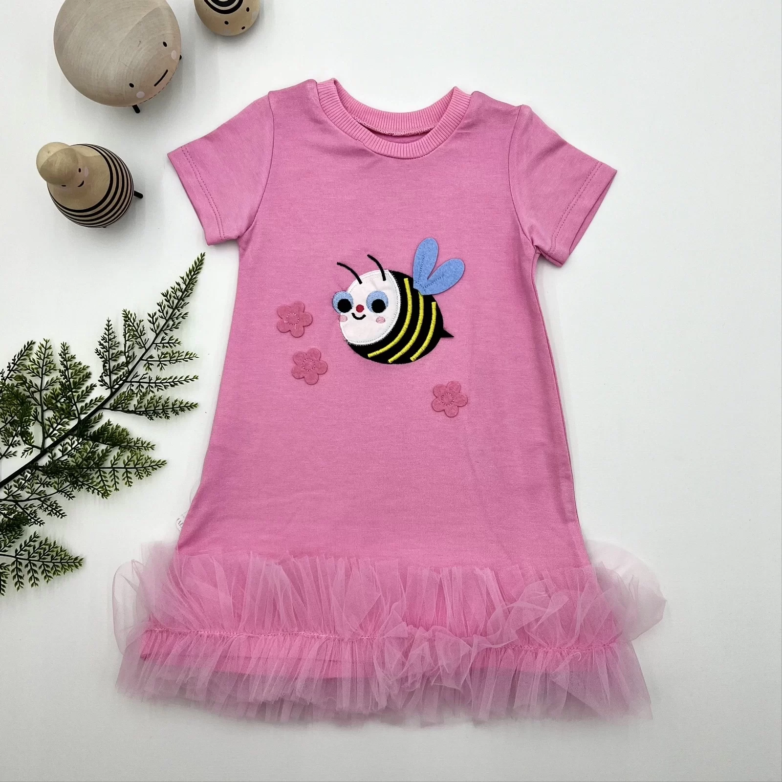 1-2-3 Age Bees Embroidery Meat Fırfırlı Jile Girl Dress Pink