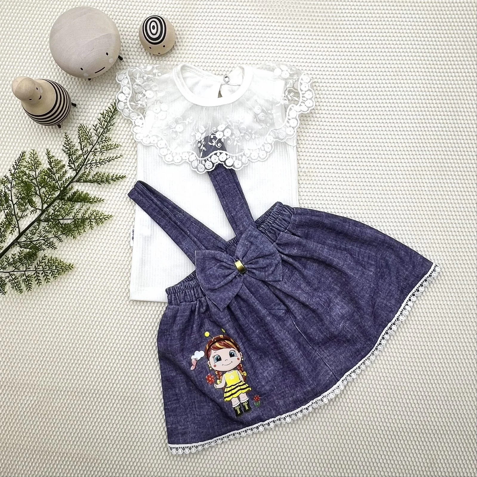 1-2-3 Years Women Bee Embroidery Jeans Patterned Skirt Cotton Fabric 2 Girl Baby Salopet Kit Navy