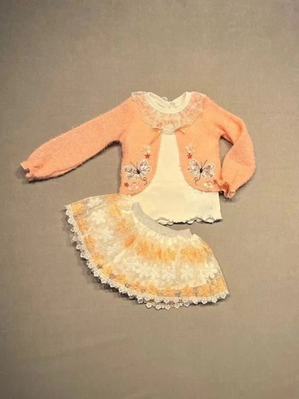 1-2-3 Age Brode Skirted Knit Crochet Long Sleeve Sweat 3some Girl Children Set Salmon