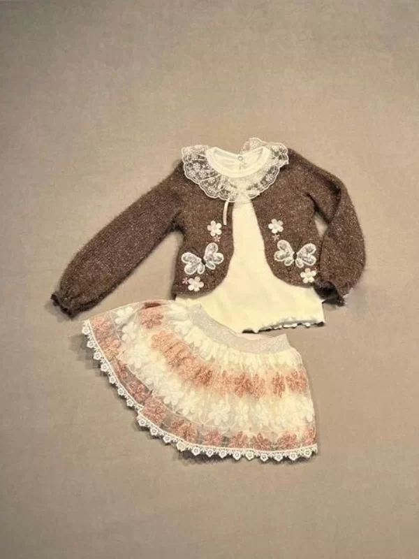1-2-3 Age Brode Skirted Knit Crochet Long Sleeve Sweat 3some Girl Child Set Brown