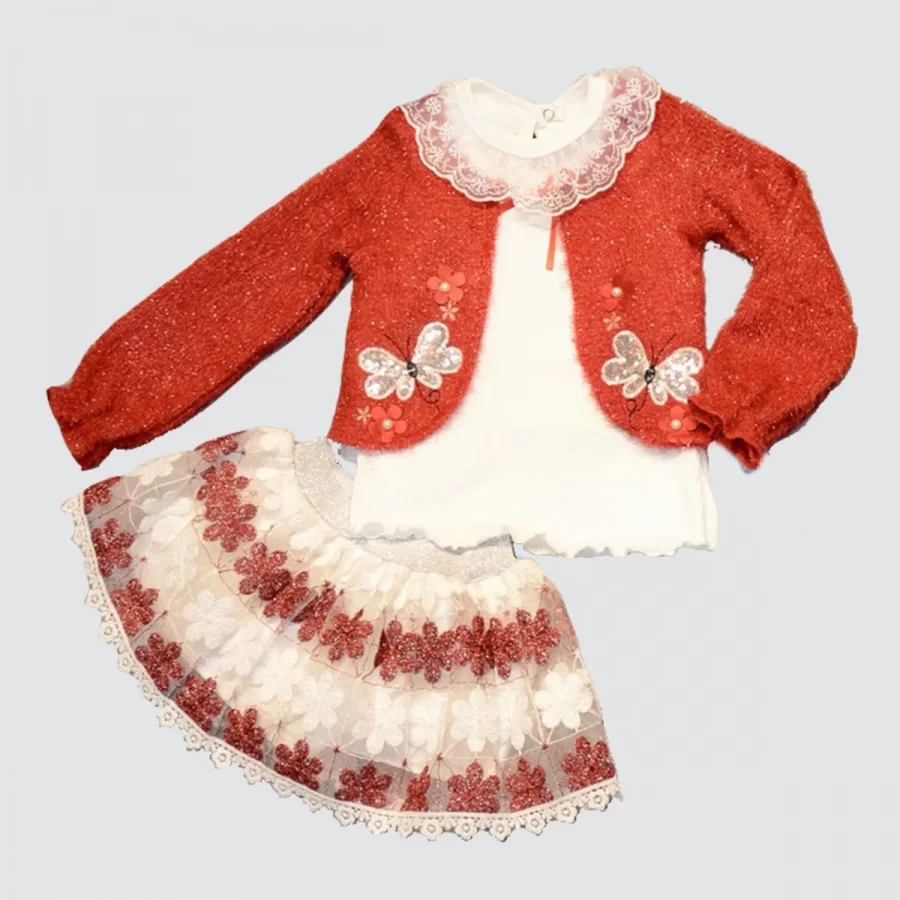 1-2-3 Age Brode Skirted Knit Crochet Long Sleeve Sweat 3some Girl Kids Set Red