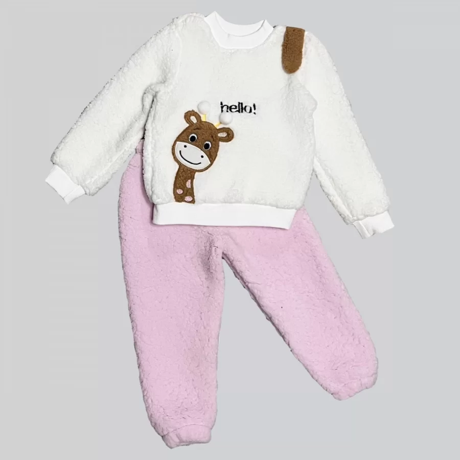 1-2-3 Age Hello Zürafa Embroidery Lamb Fabric Sweat Pants Long Sleeves Girl Male 2 Li Set Pink