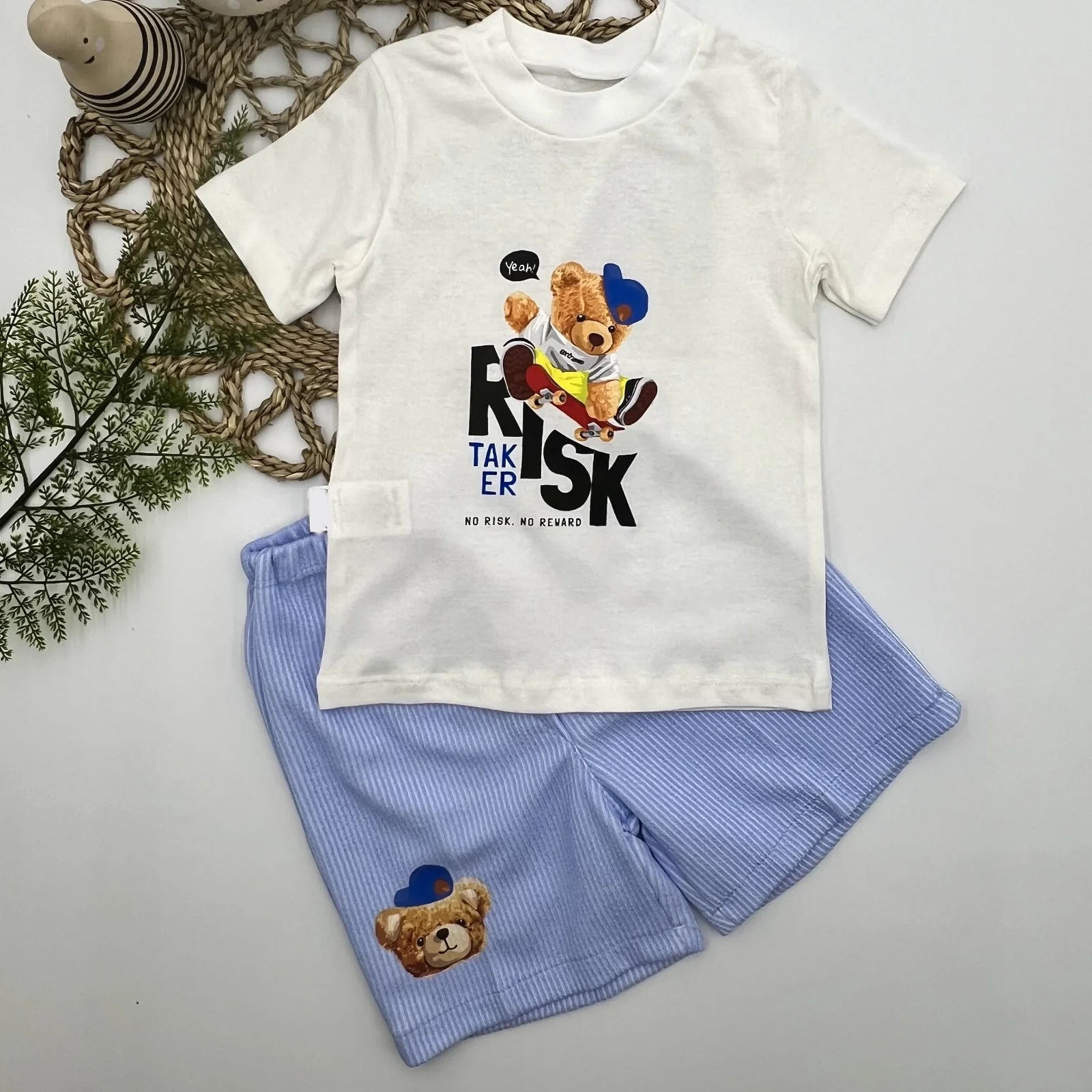1-2-3 Years Kaykaycı Bear Printed Shorts Short Sleeve T-shirt 2 Male Baby Set Ekru