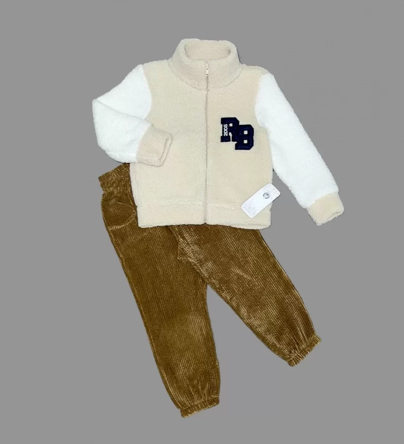 1-2-3 Age Lamb Fabric Zipper Sweat Velvet Pants Long Sleeve Girl Male Children 2 Sets Beige