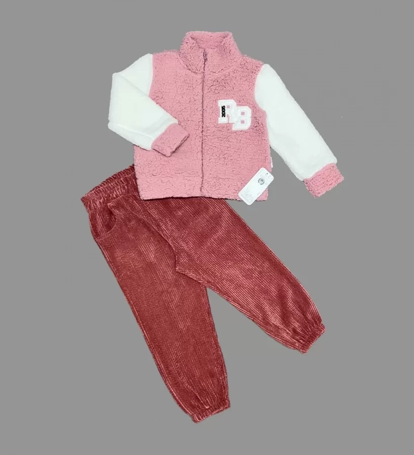 1-2-3 Yaş Kuzu Kumaş Fermuarlı Sweat Kadife Pantolonlu Uzun Kollu Kız Erkek Çocuk 2li Takım Gül Kurusu
