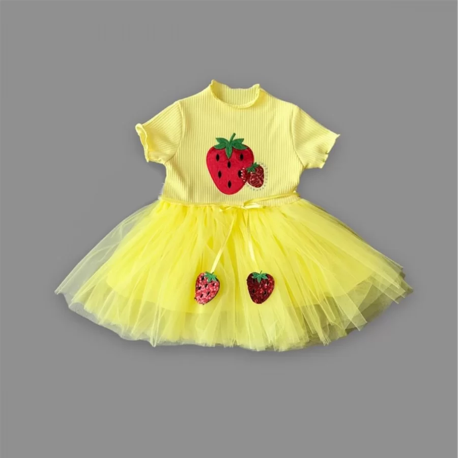 1-2-3 Age Sequined Strawberry Printed Strawberry Bird Girl Baby Dress Yellow