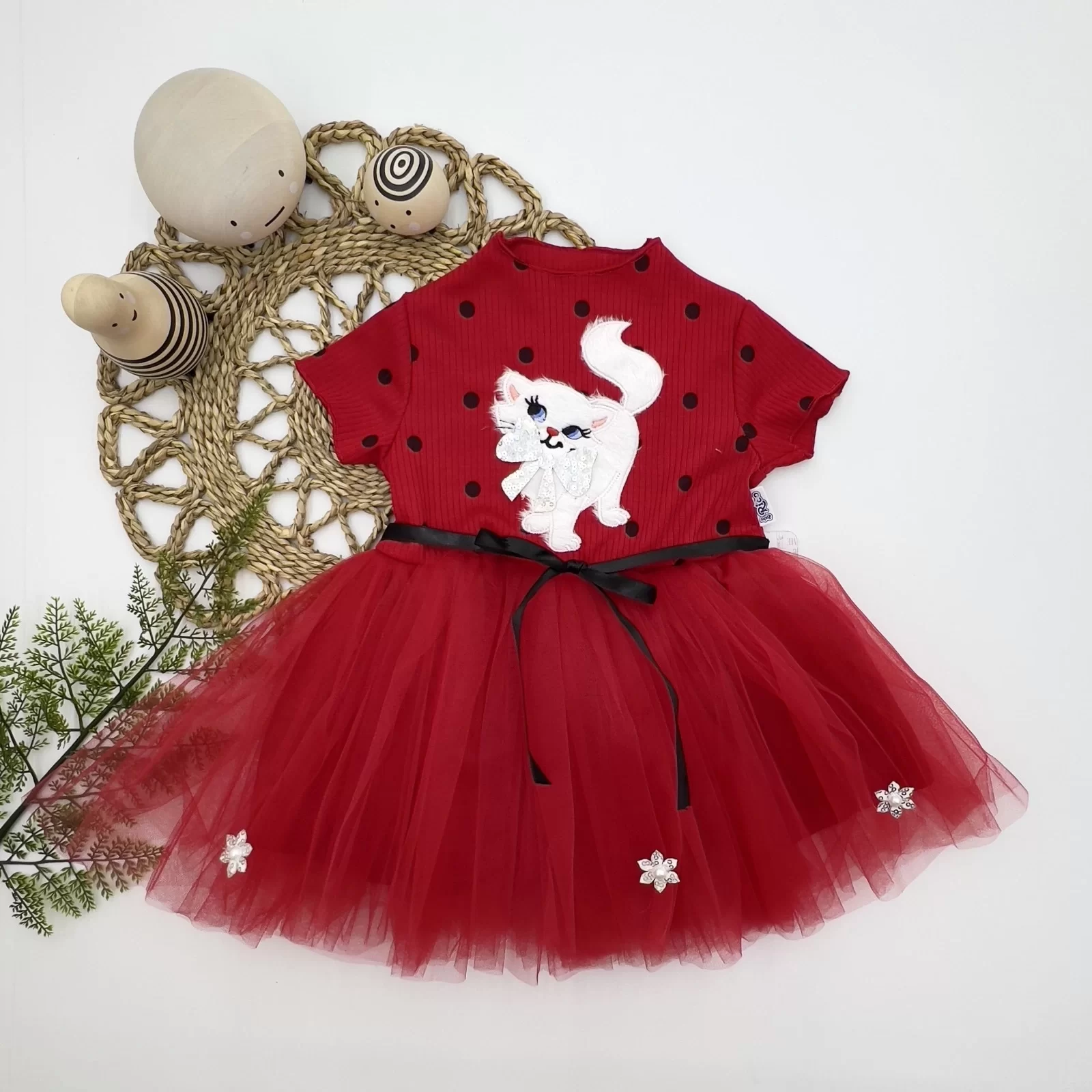 1-2-3 Women's Baby Dress With Sequined Catet Printed Points Red