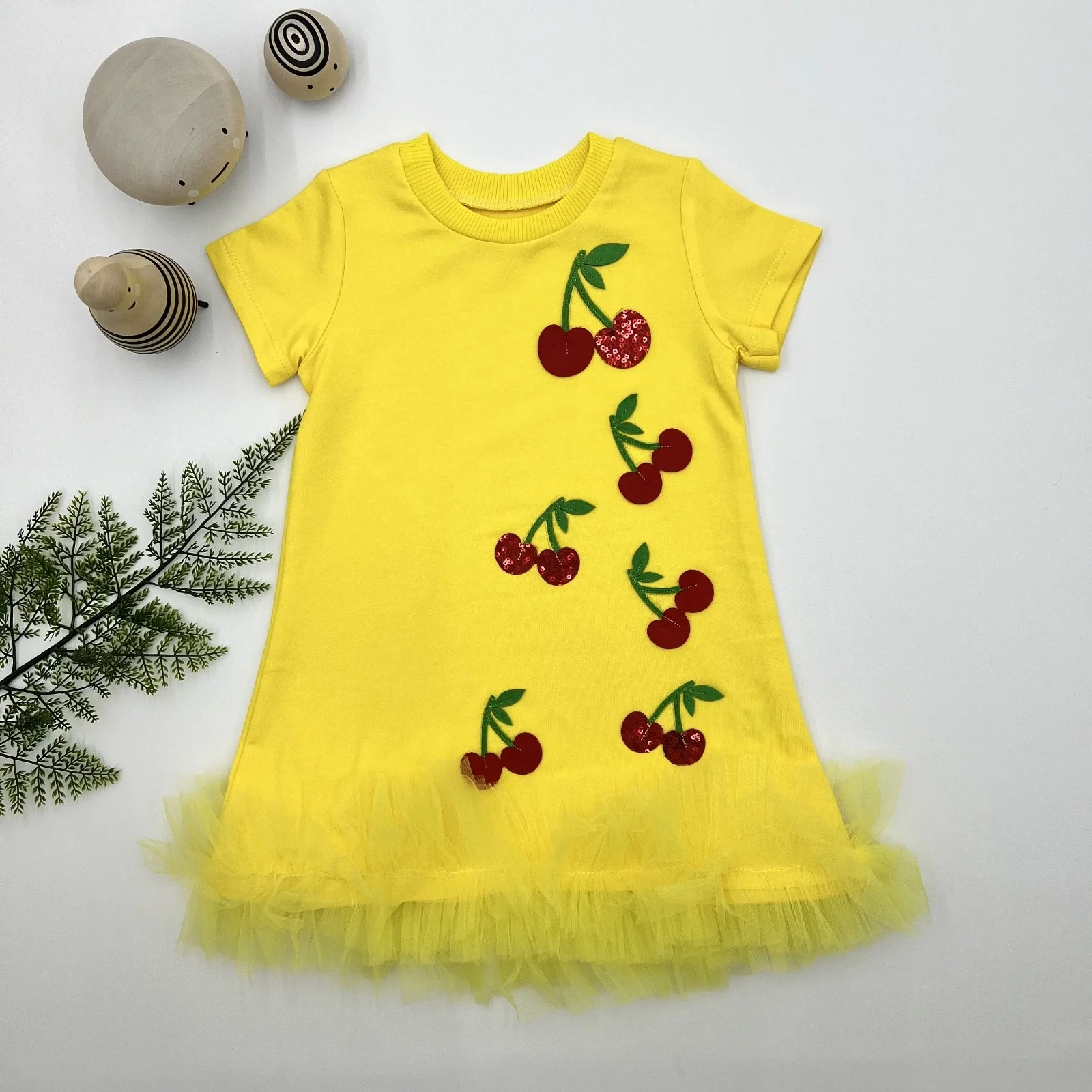 1-2-3 Age Sequined Cherry Embroidery Meat Fuzzy Jile Girl Kids Dress Yellow