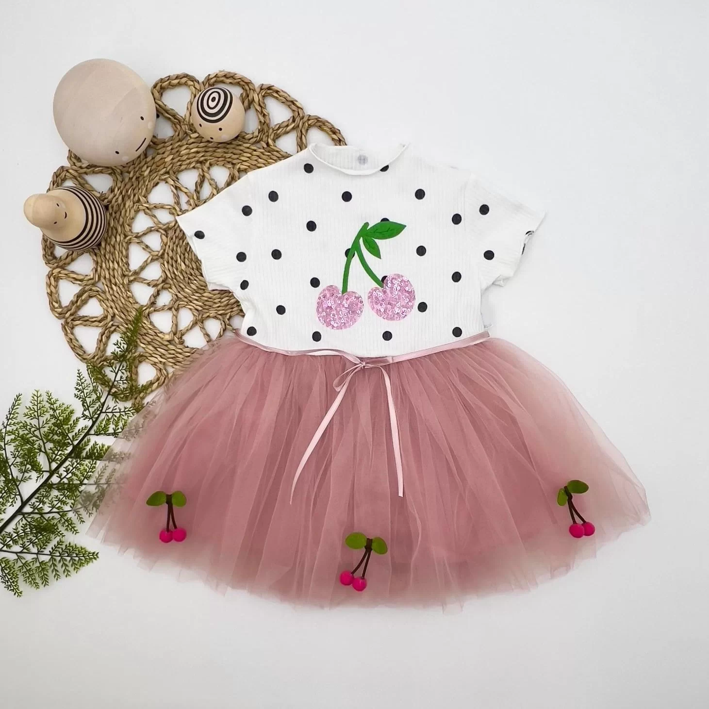 1-2-3 Girl Baby Milk Dress With Sequin Cherry Embroidery