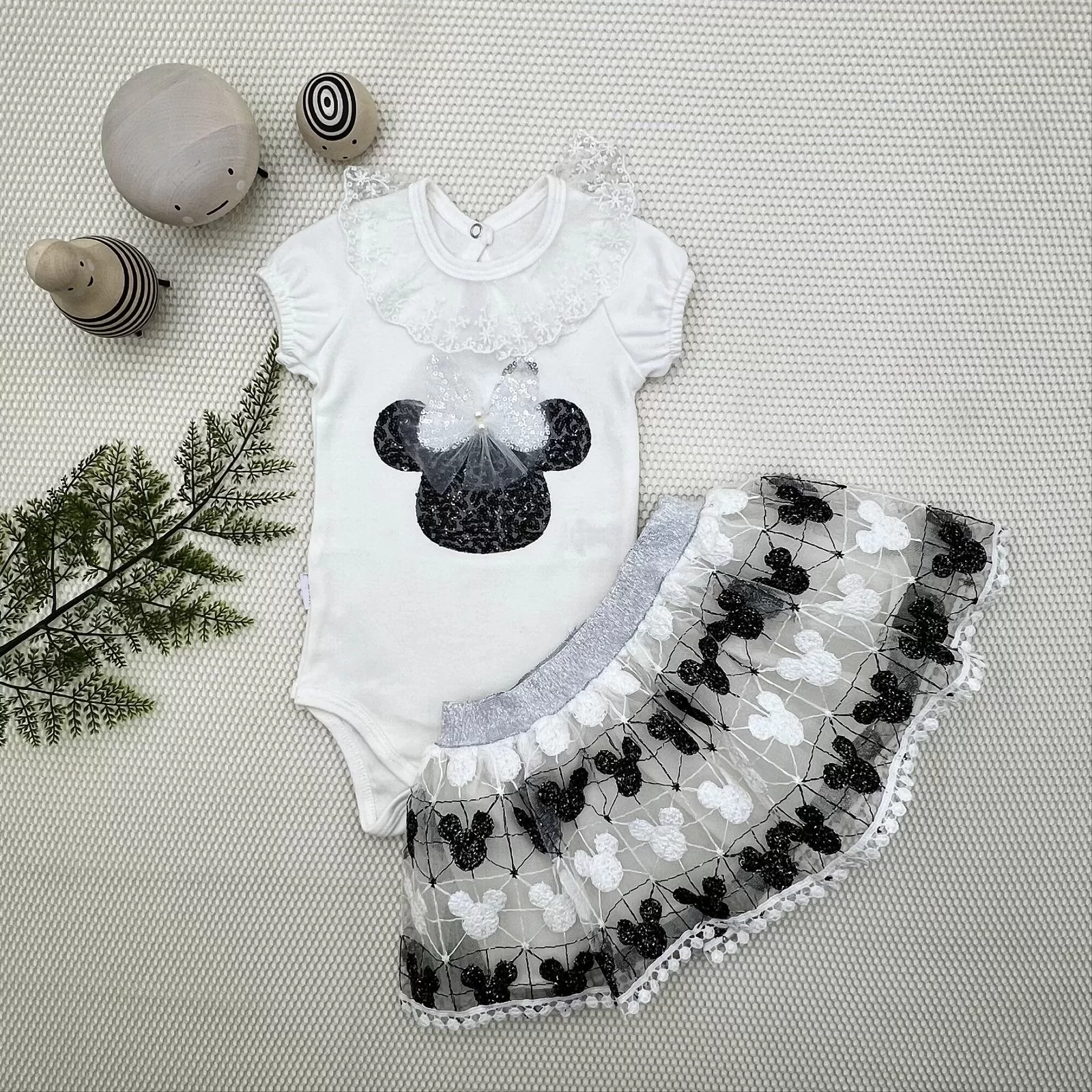 1-2-3 Age Sequined Mickey Embroidered Short Sleeve Brode Skirt 2 Girl Baby Set Black
