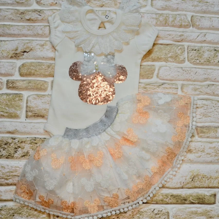 1-2-3 Age Sequined Mickey Embroidery Short Sleeve Two Girl Baby Set Powder With Skirt