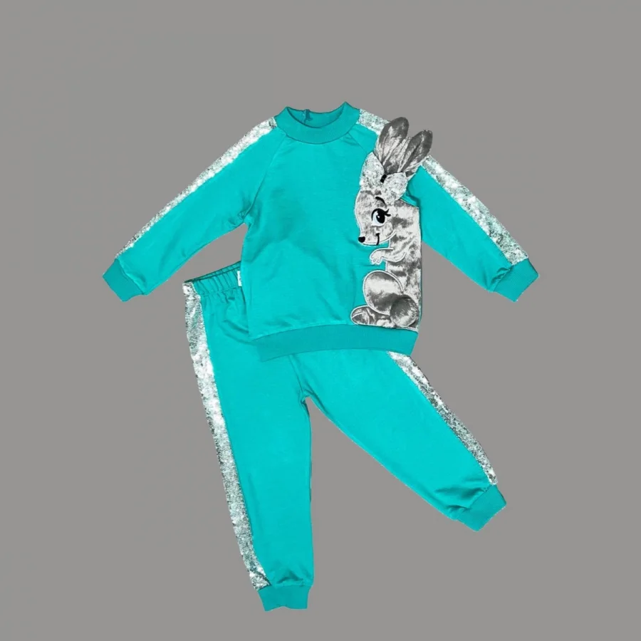 1-2-3 Age Payetli Pelüş Rabbit Patterned Likra Penye Fabric Sweat Pants Girl 2 Sets Mint Greeni