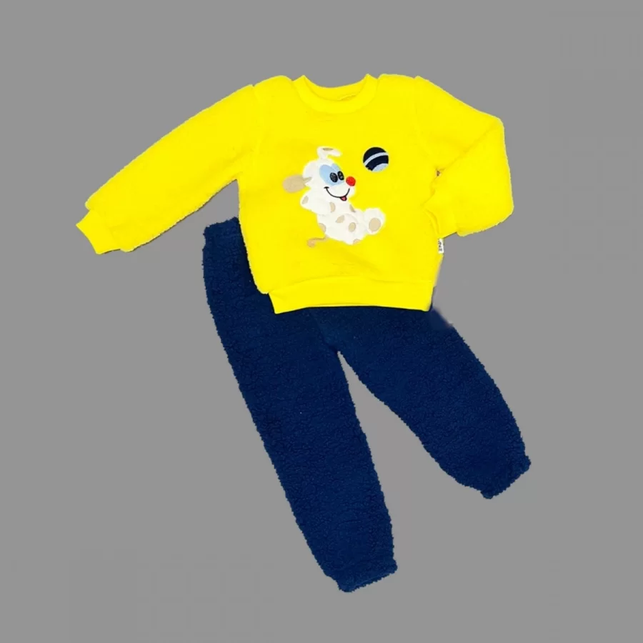 1-2-3 Age Bulk Dog Embroidery Lamb Fabric Sweat Pants Long Sleeve Girl Male Baby Set Yellow