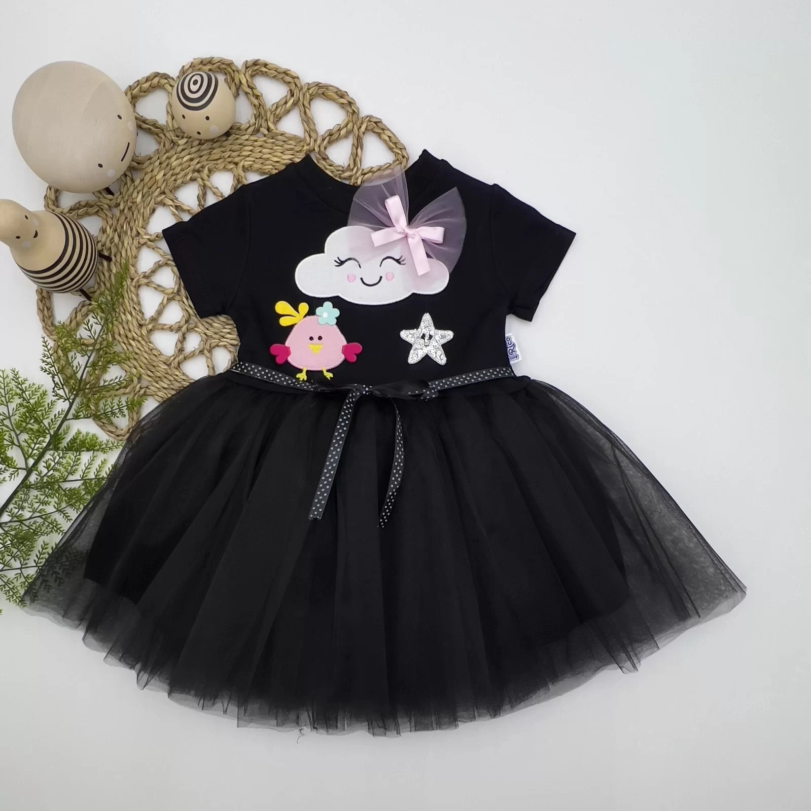 1-2-3 Age Tül Buckle Cloud Chip And Star Embroidered Girl Baby Dress Black