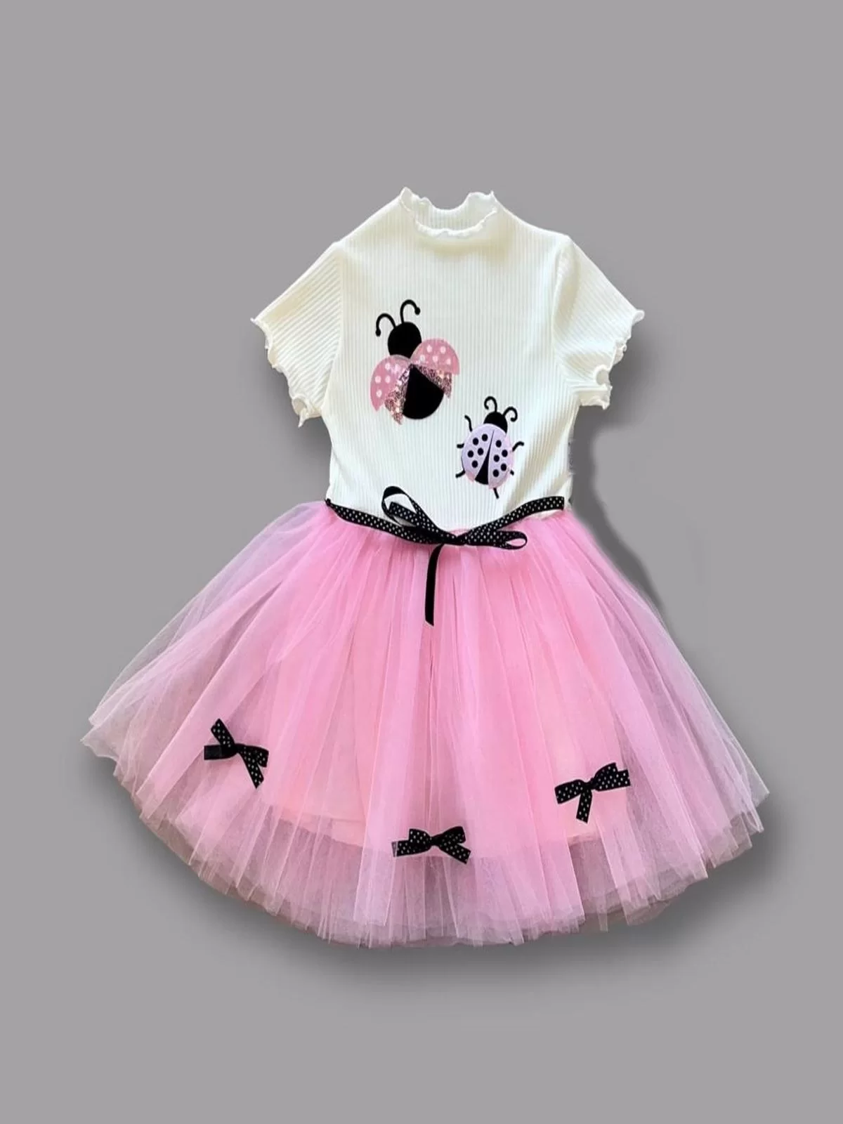 1-2-3 Age Uğur Beetle Embroidery Belt Girl Kids Dress Pink-ekru