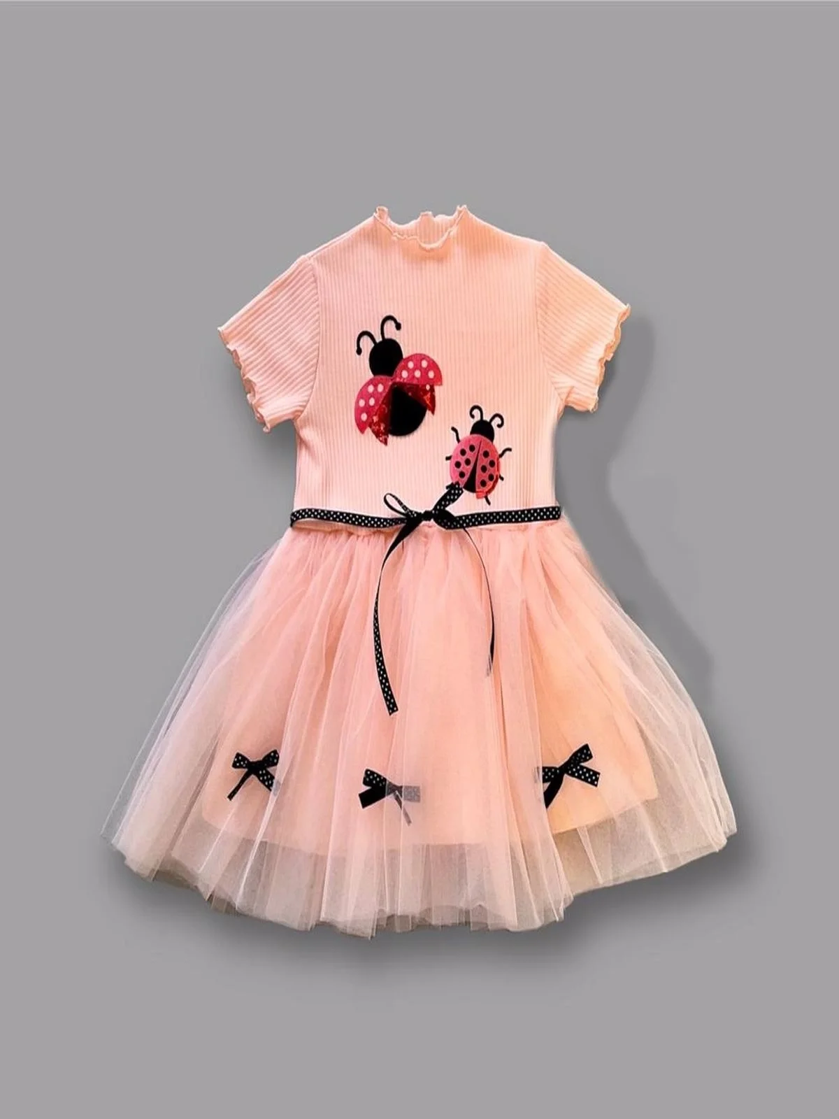 1-2-3 Yaş Uğur Böceği Nakışlı Kurdela Kuşak Kız Çocuk Elbisesi Somon 1-2-3 Yaş Uğur Böceği Nakışlı Kurdela Kuşak Kız Çocuk Elbisesi Somon