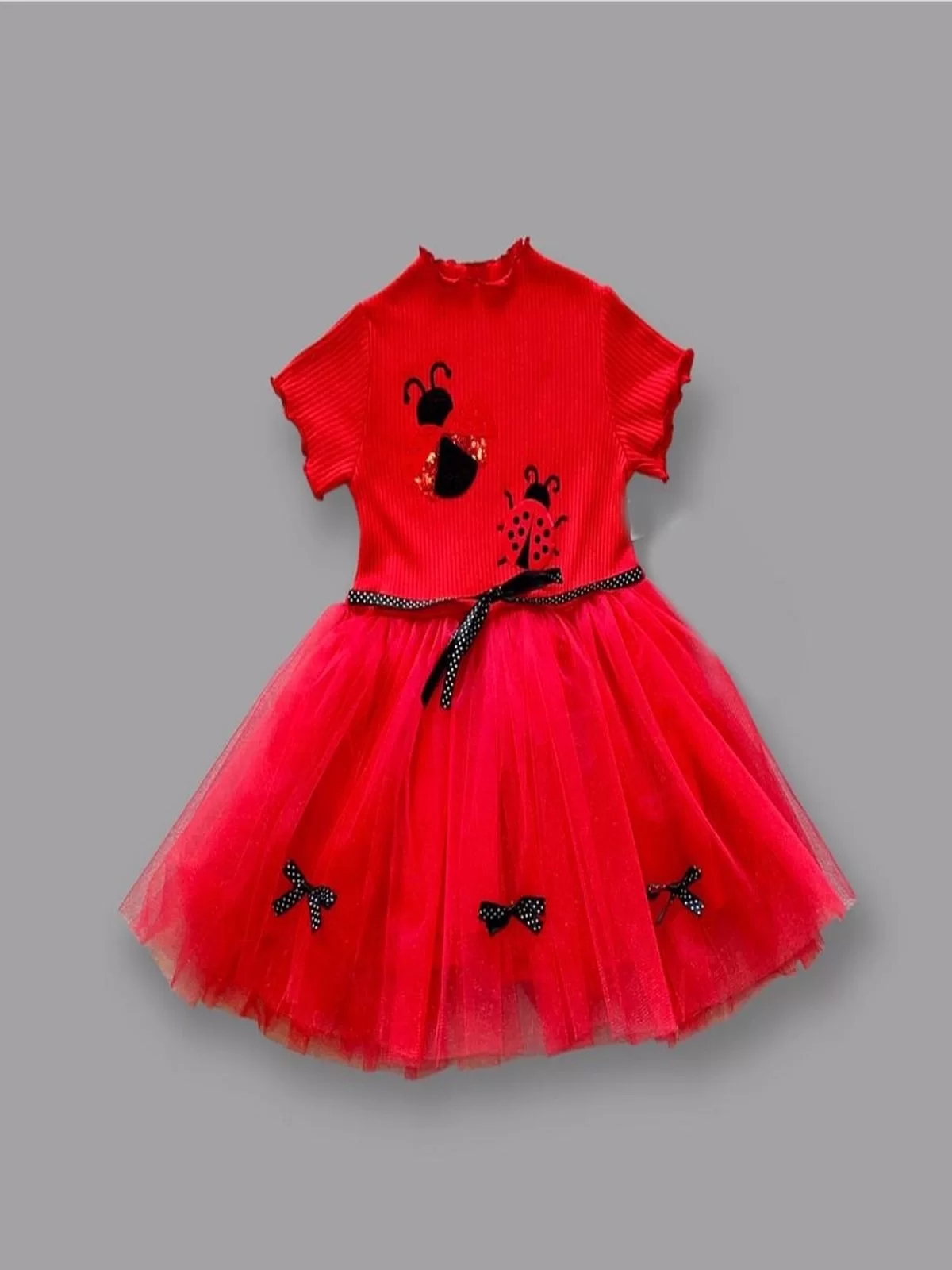 1-2-3 Age Uğur Beetle Embroidery Belt Girl Kids Dress Red
