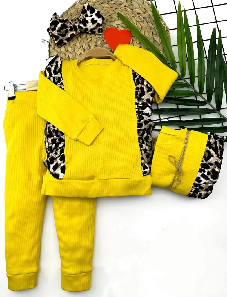 2-3-4-5 Age Bandanali Leopard Printed Long Sleeve 2 Girl Children Set Yellow