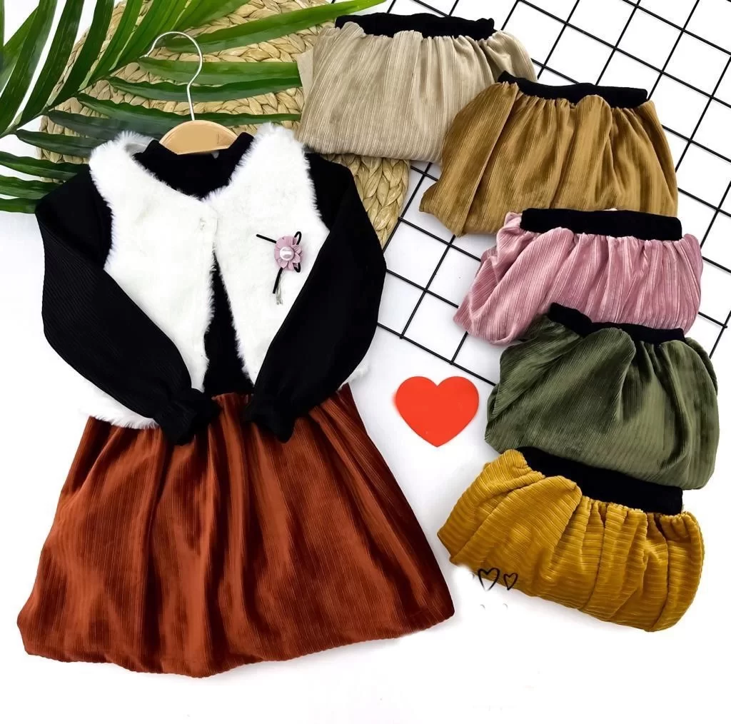2-3-4-5 Age Velvet Skirt Feather Vest Long Sleeve Black Sweat 3some Girl Baby Set Brown
