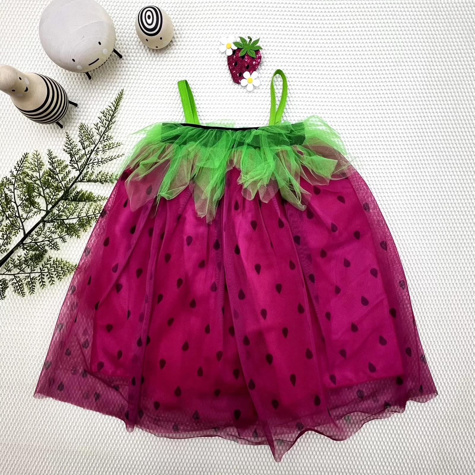 2-3-4 Age Straped Strawberry Costume Girl Kids Dress Fuşya