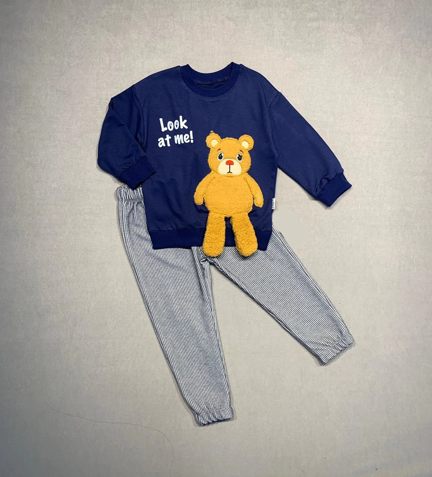 2-3-4 Age Beard Foot Patterned Likra Penye Fabric Sweat Pants Girl Male 2 Children Set Navy