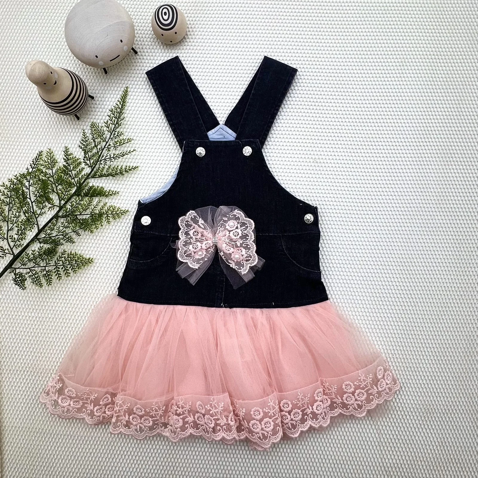 2-3-4 Age Fionk Button Detailed Tulle Skirt Jeans Fabric Salopet Girl Children Dress Black-pudra