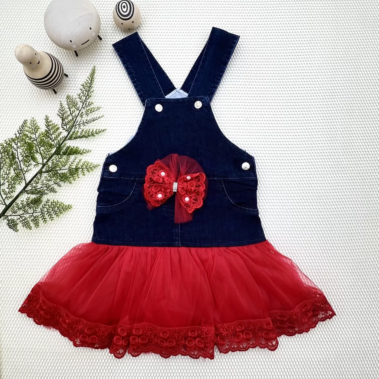 2-3-4 Age Fionk Button Detailed Tulle Skirt Jeans Fabric Salopet Girl Children's Dress Blue-red