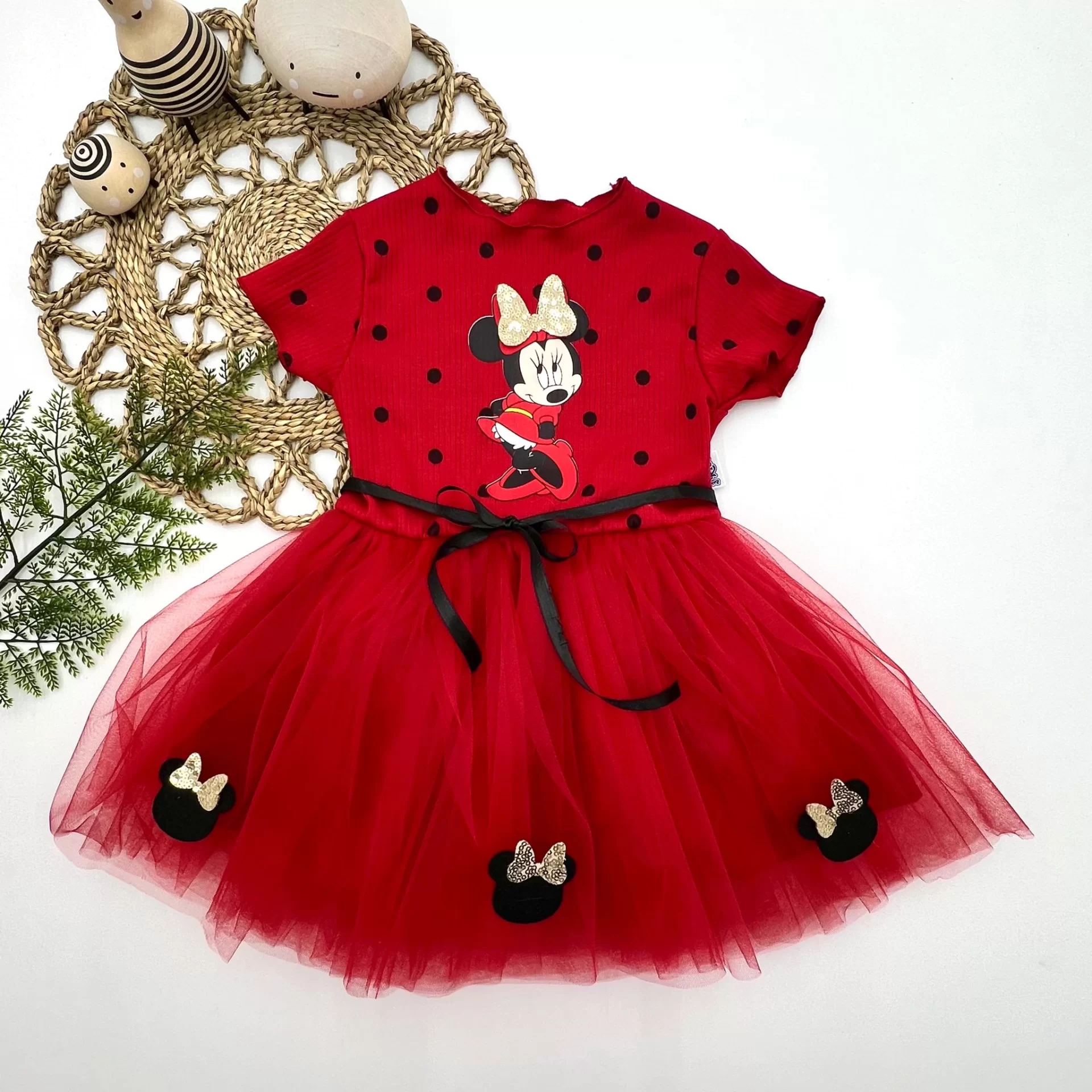 2-3-4 Yaş Puantiyeli Mickey Baskılı Kurdela Kuşaklı Astarlı Kız Bebek Tütü Elbisesi Kırmızı