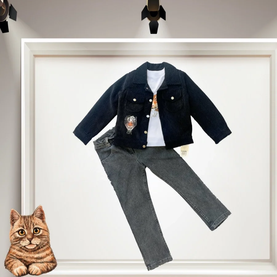 3-4-5 Age Fitilli Velvet Jacket Jeans 3some Girl Male Children Set Black