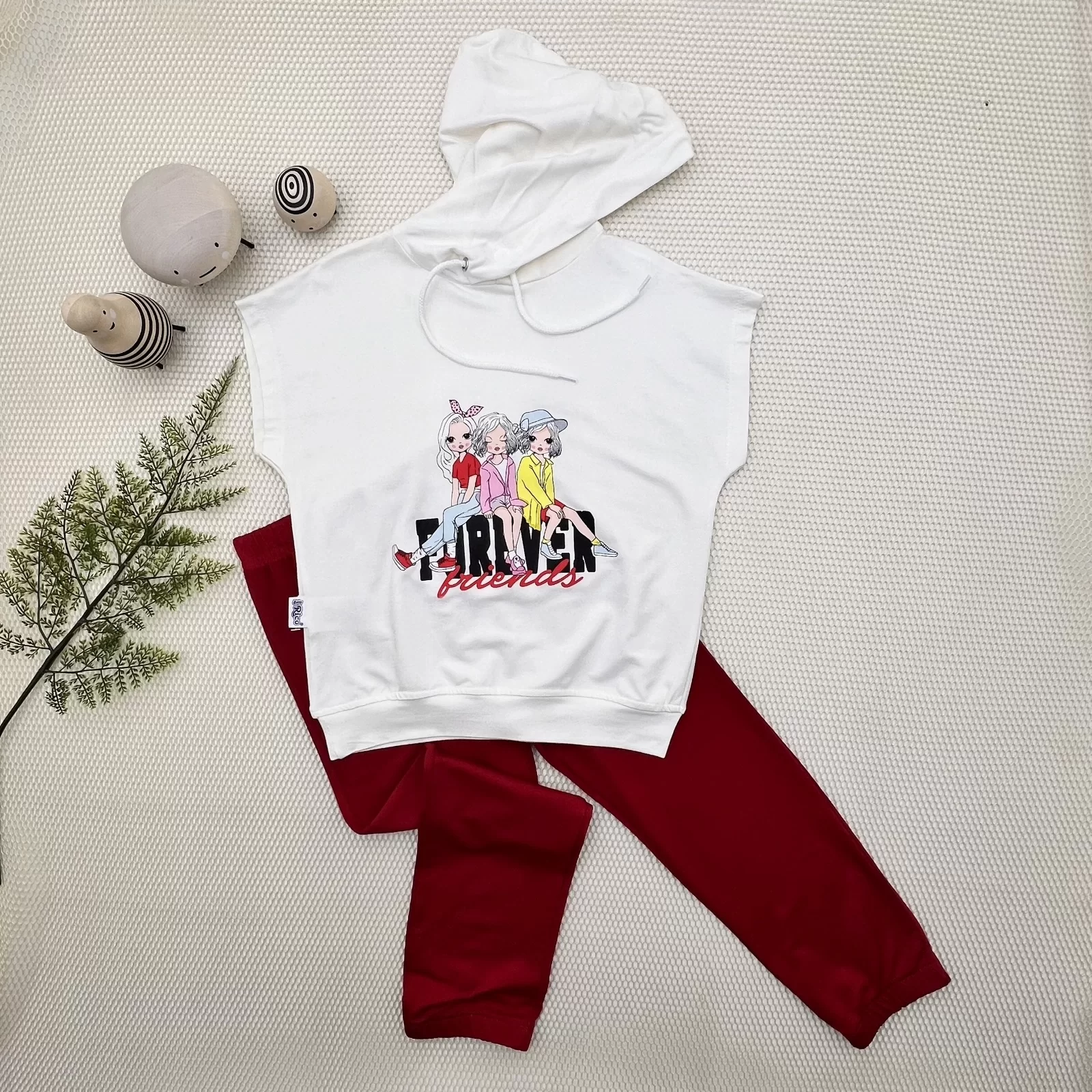 3-4-5 Age Forever Cici Girls Printed Hooded 2 Girl Kids Set Red