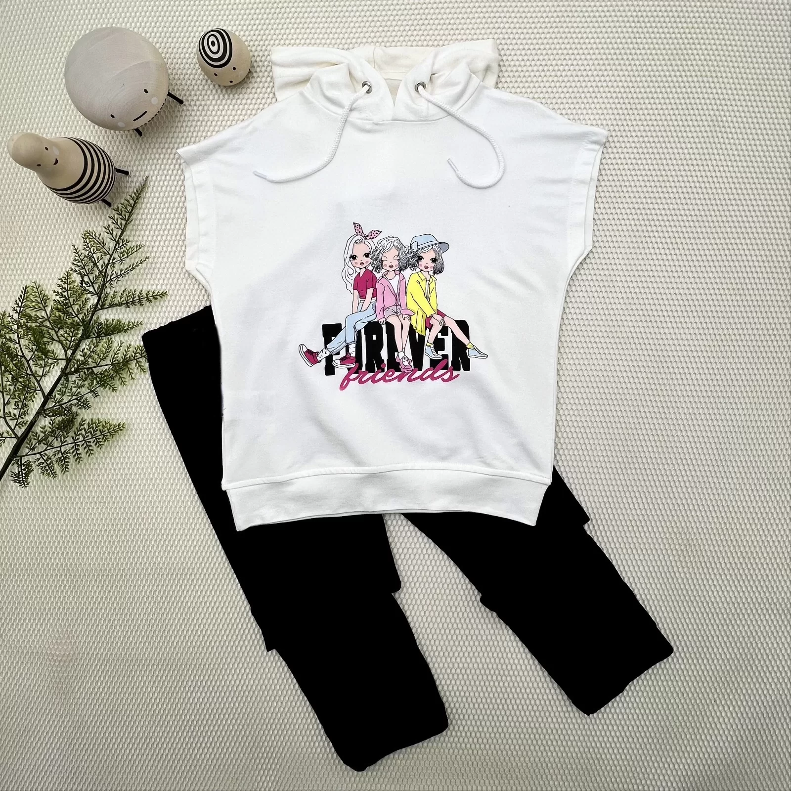 3-4-5 Age Forever Cici Girls Printed Hooded 2 Girl Kids Set Black