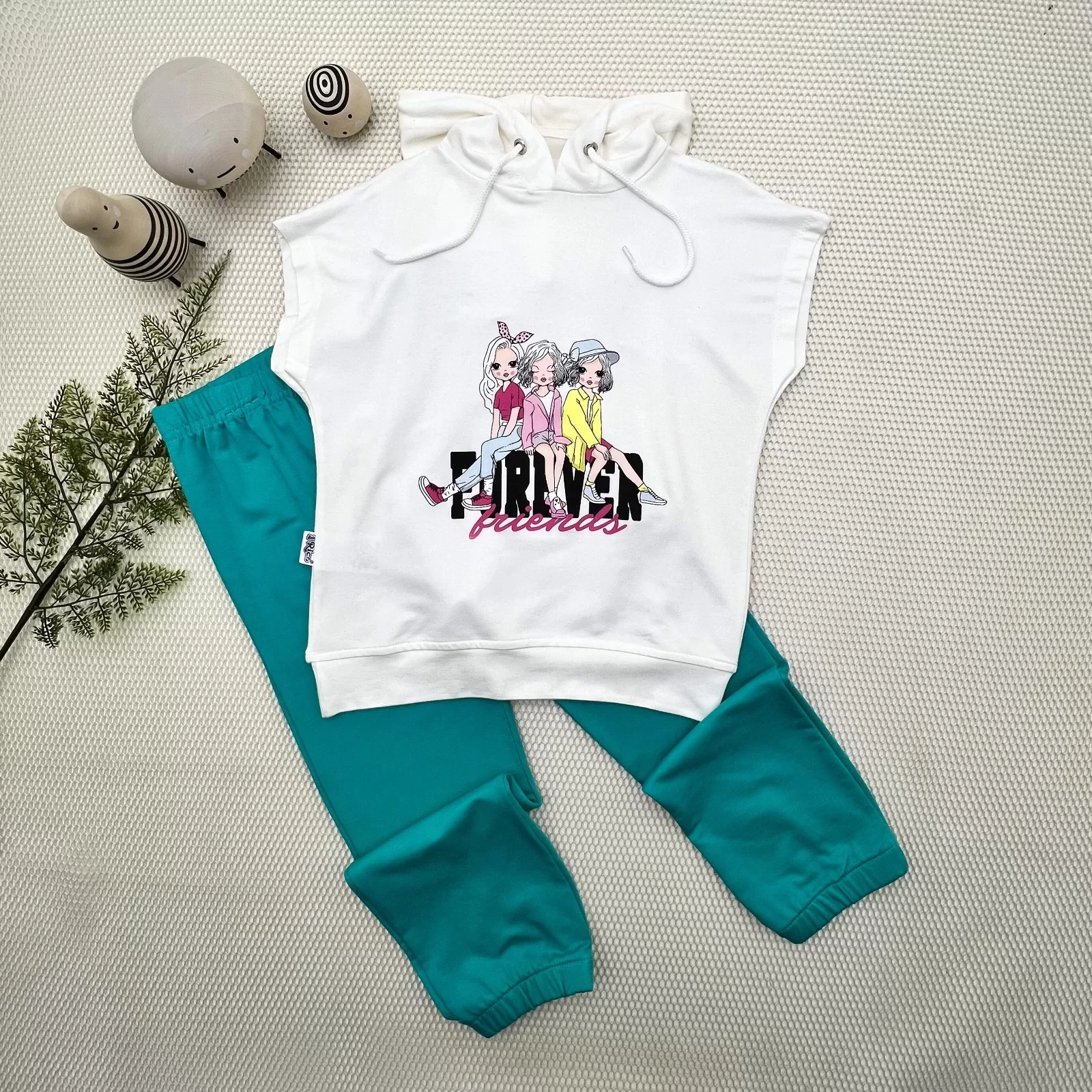 3-4-5 Age Forever Girls Printed Hooded 2 Girl Kids Set Turkuaz
