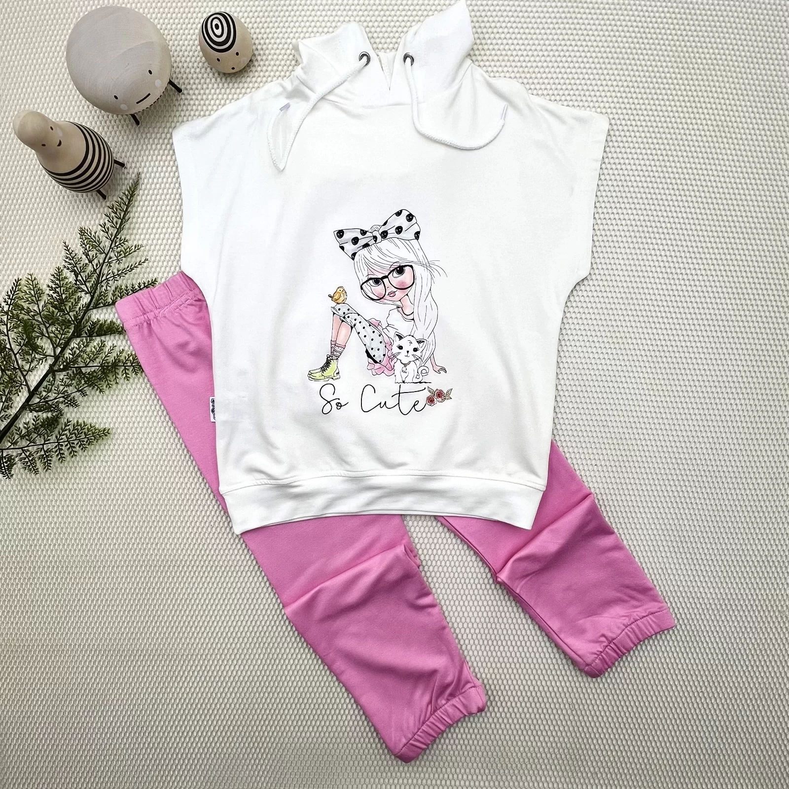 3-4-5 Age Hooded Cute Girl Printed Short Handle 2 Girl Male Children Set Pink