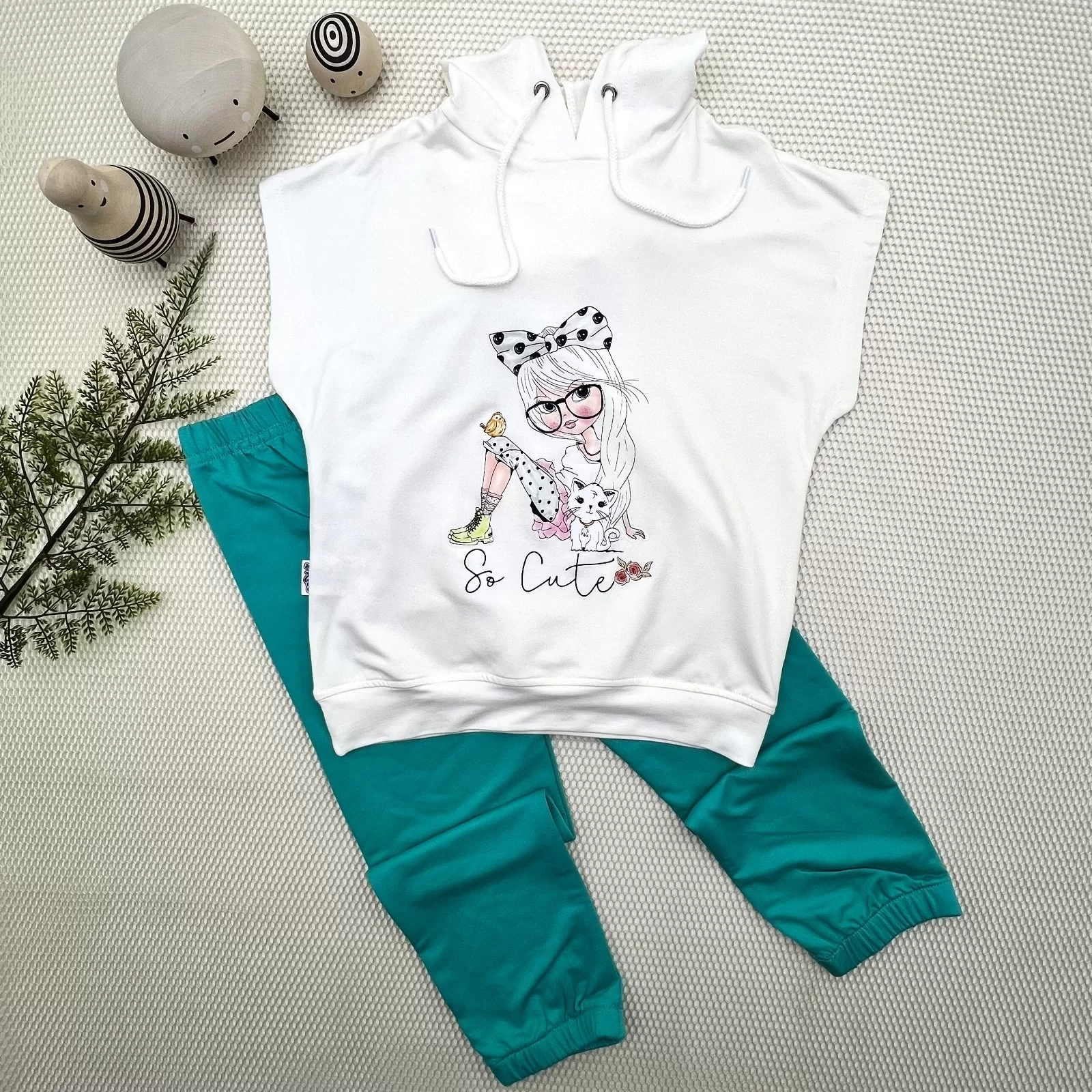 3-4-5 Age Hooded Cute Girl Printed Short Sleeve 2 Girl Male Kids Set Turquoise