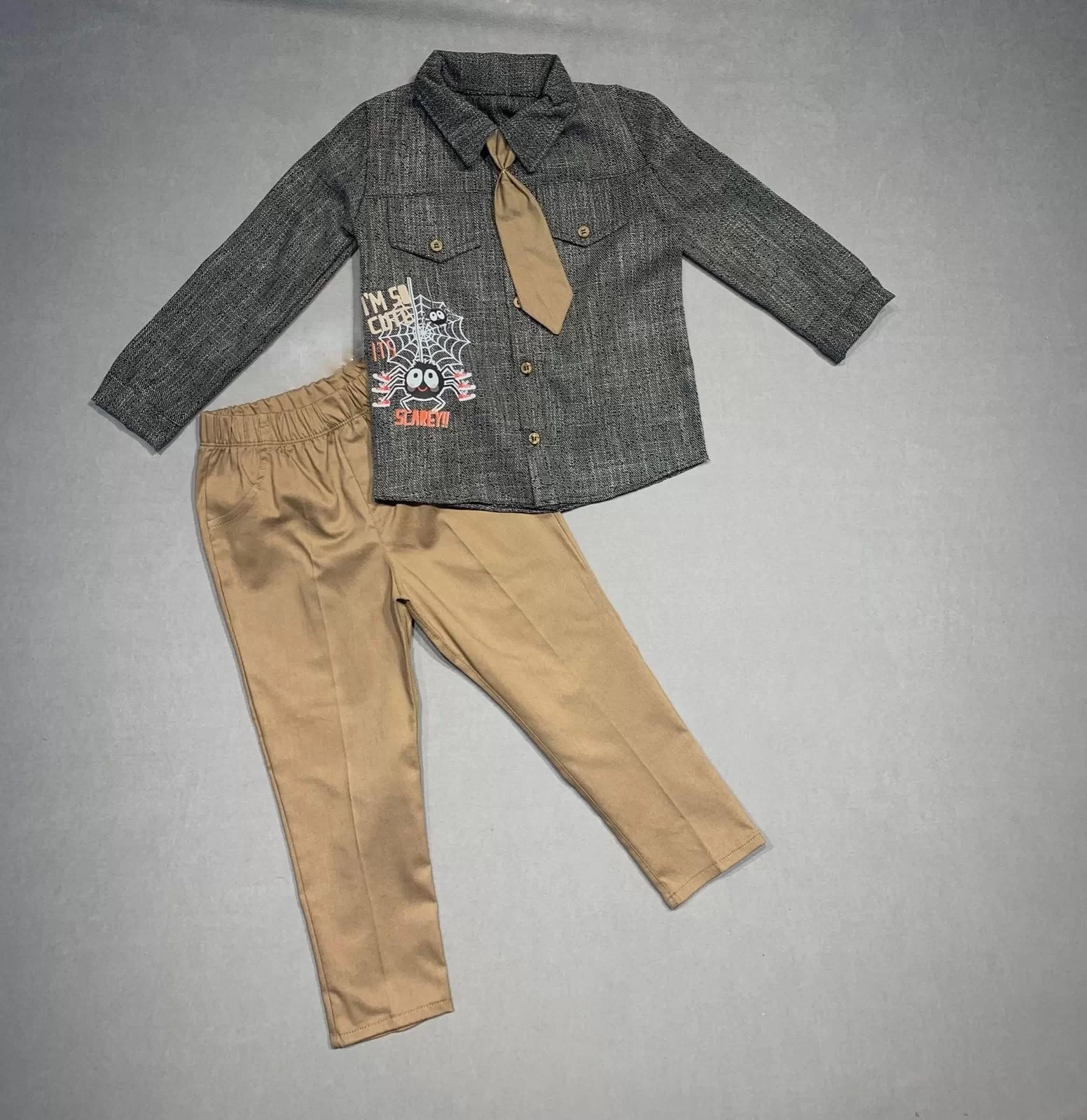 3-4-5 Age Tie Linen Shirt Gabardin Pants Long Sleeve 3some Male Children Set Brown