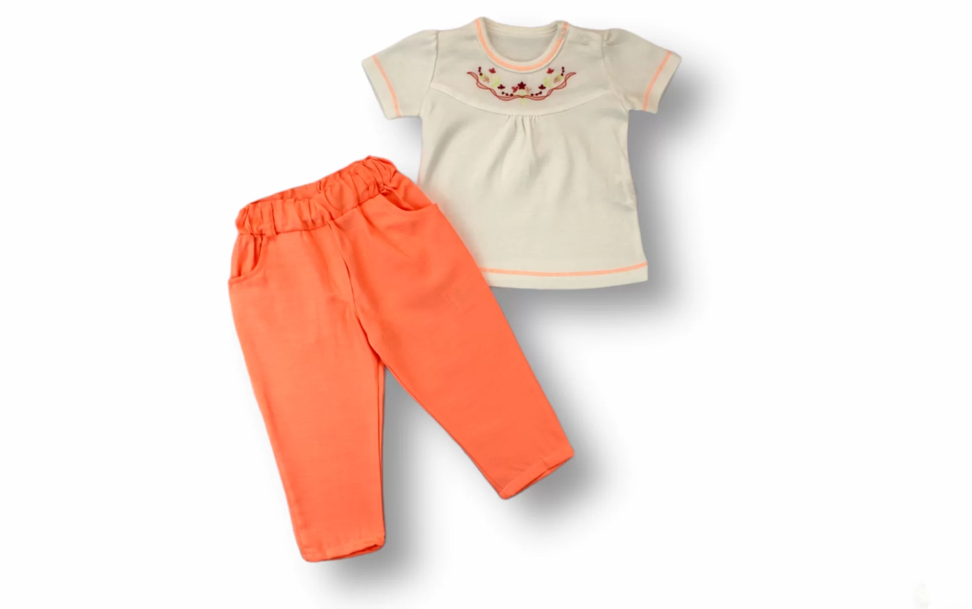 3-6 6-9 9-12 12-18 Months Anatolian Flower Embroidery Short Sleeves Sweatli 2 Girl Baby Set Orange