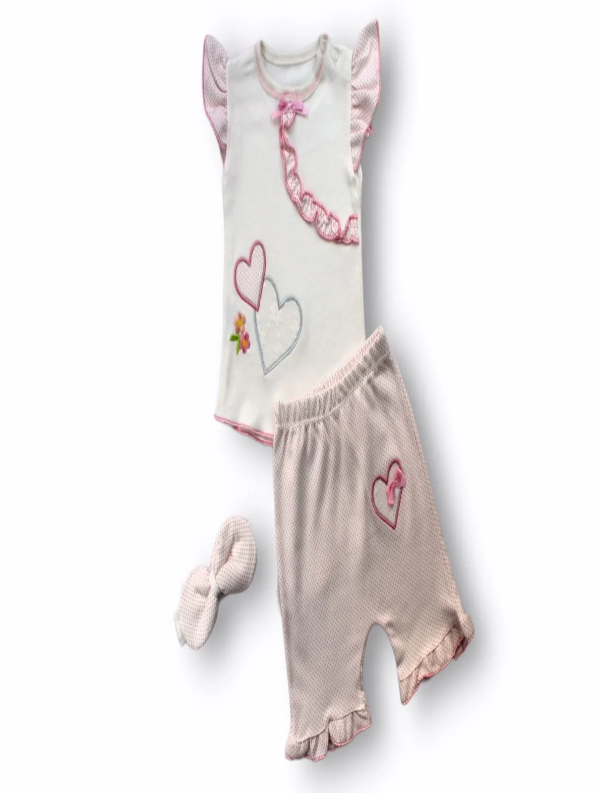 3-6 6-9 9-12 12-18 Months Double Heart Embroidery Shorts T-shirt 3 Girl Baby Kit Ekru