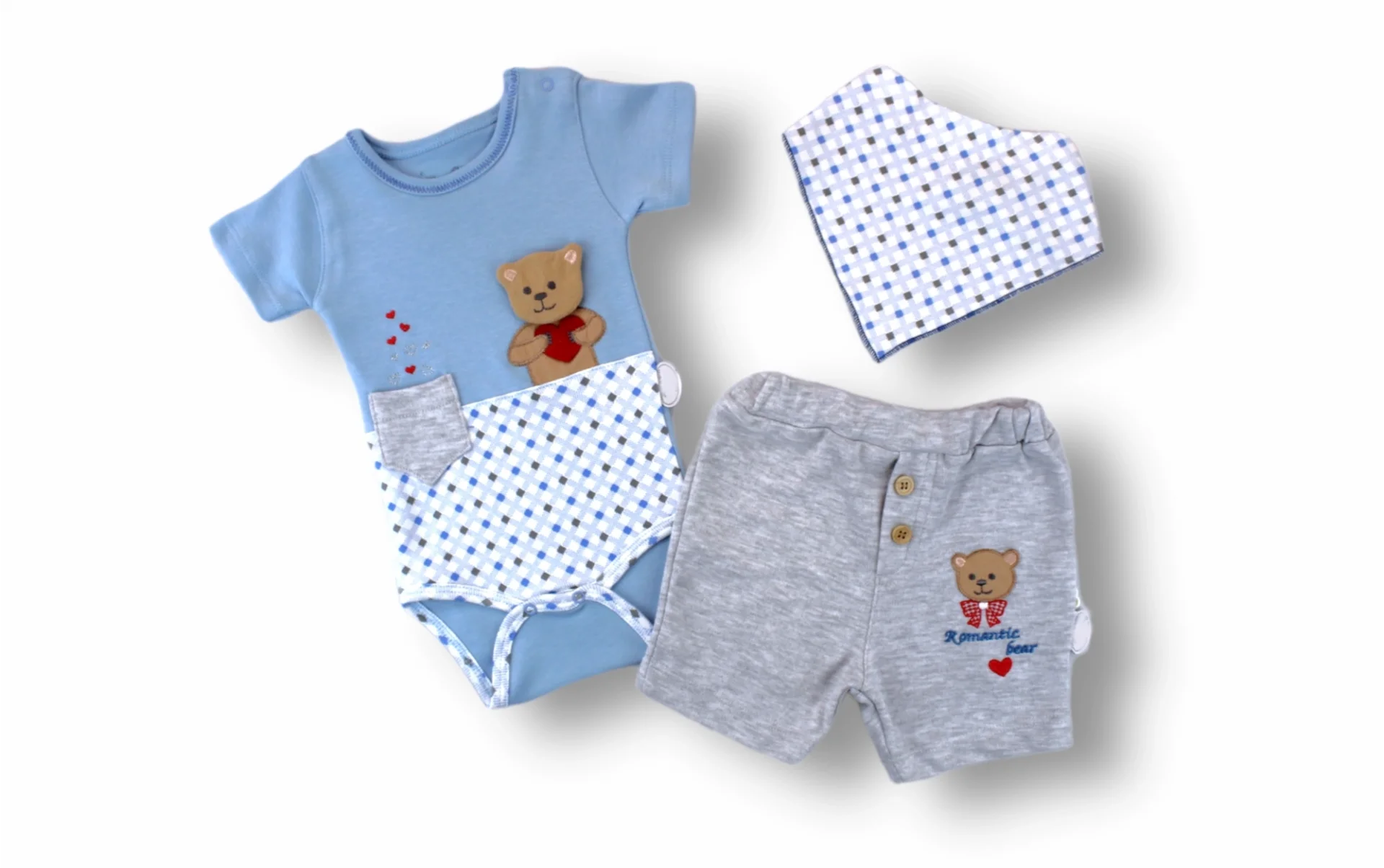 3-6 6-9 9-12 12-18 Months Romantic Bears Embroidery Bandage Short Sleeve 3d Girl-men Baby Set Blue