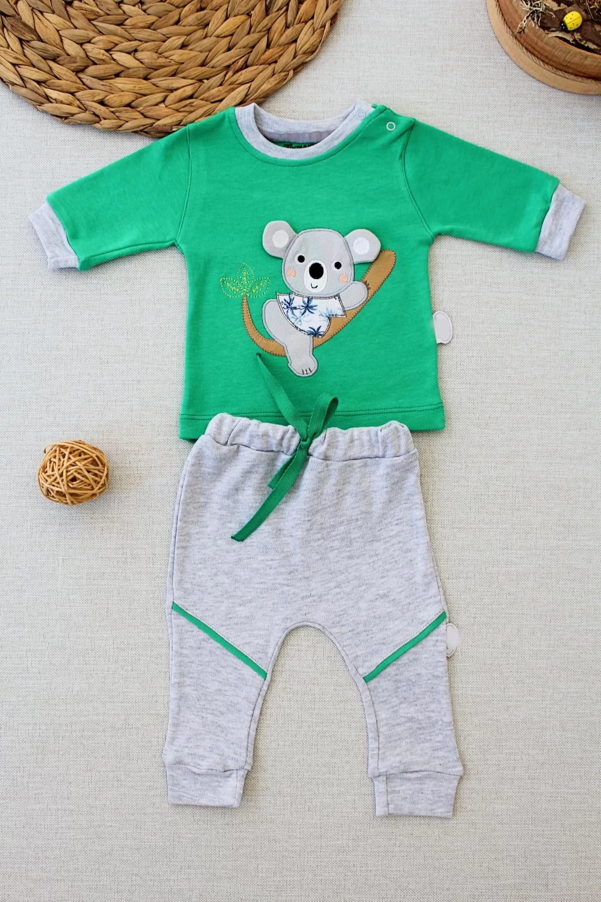 3-6 6-9 9-12 12-18 Ay Yavru Koala Nakışlı Uzun Kollu Sweat 2li Kız Erkek Bebek Takımı Yeşil