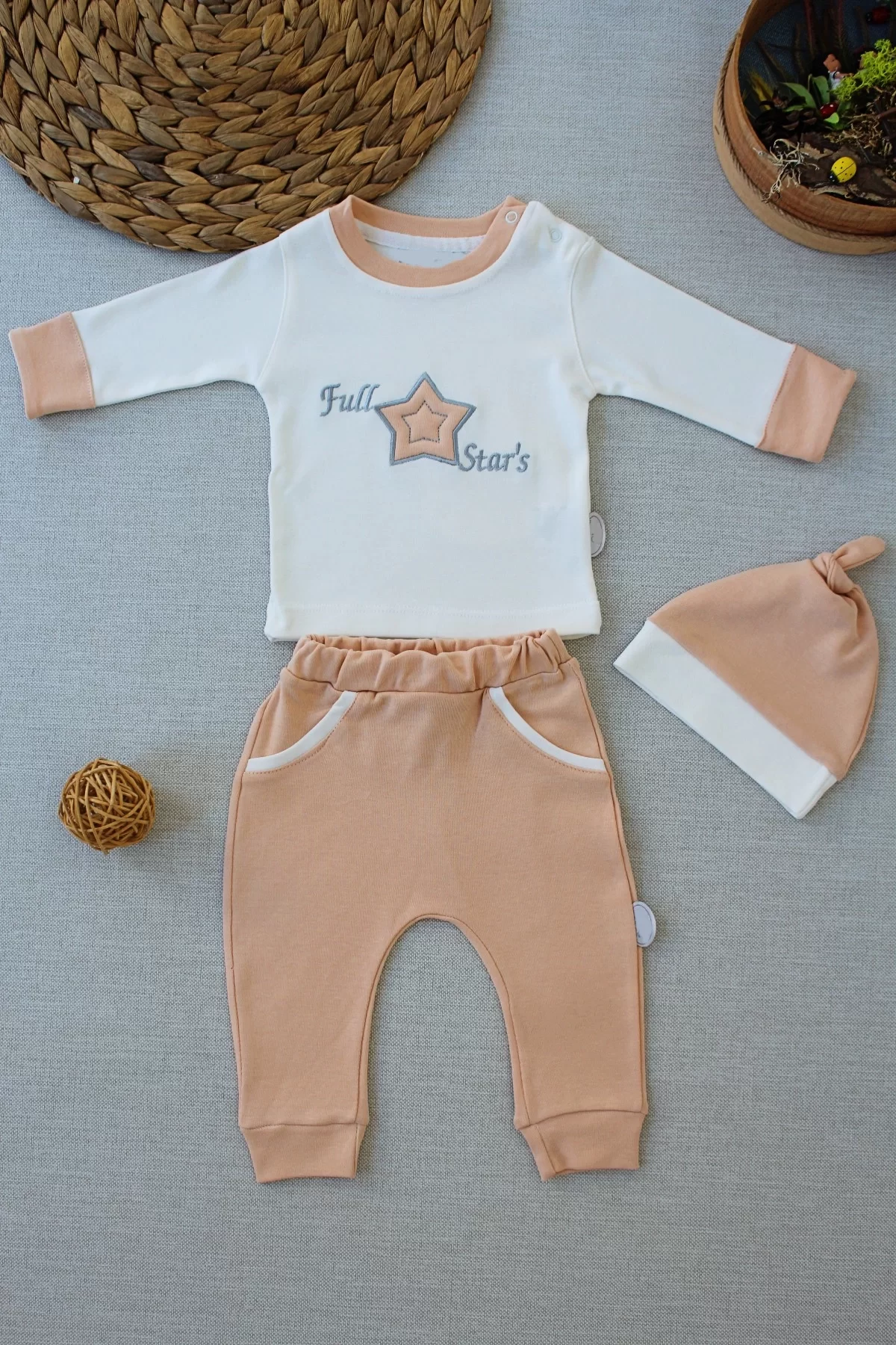 3-6 6-9 9-12 Months Full Star Embroidery Hat Long Sleeve Sweat 3some Male Baby Set Wheat