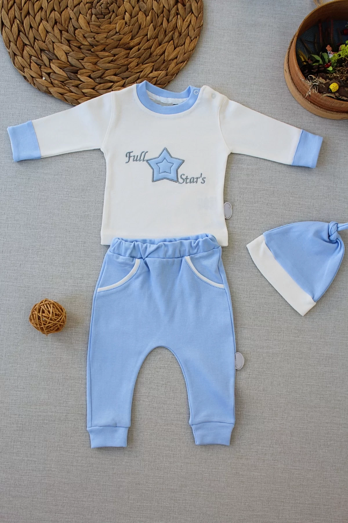 3-6 6-9 9-12 Months Full Star Embroidered Hat Long Sleeve Sweat 3some Male Baby Set Blue