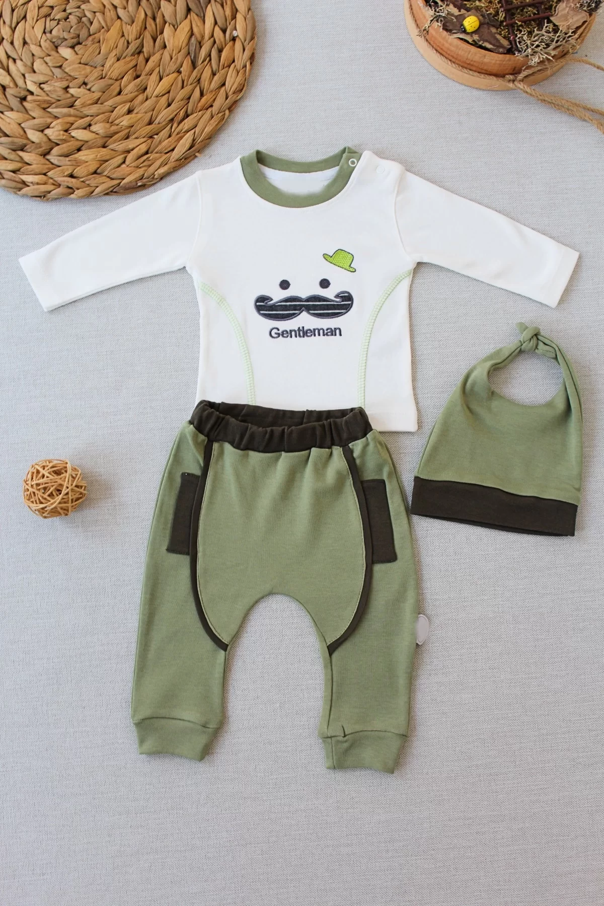 3-6 6-9 9-12 Months Gentleman Mens Embroidery Hat Long Sleeve Sweat 3some Male Baby Set Green