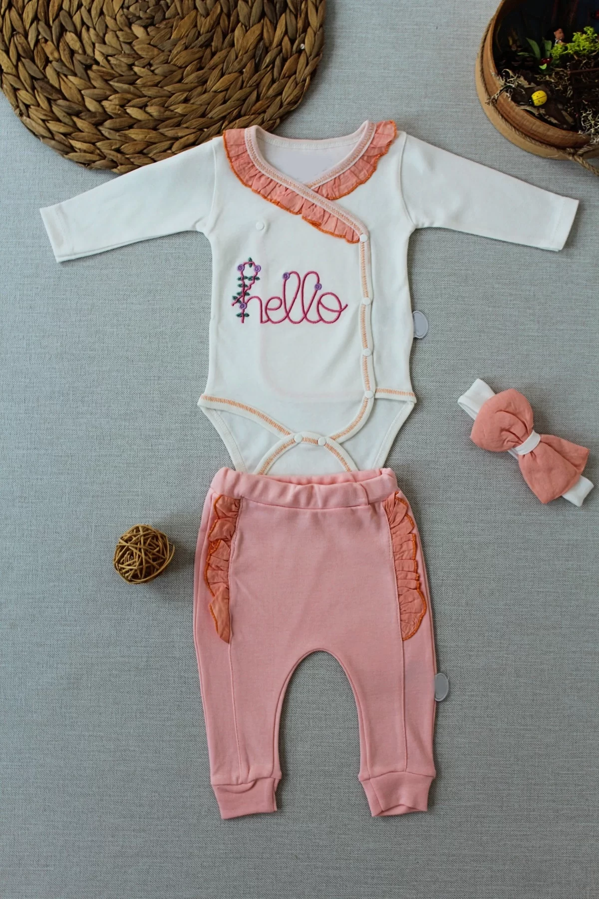 3-6 6-9 9-12 Months Hello Embroidery Kruvaze Bandanali Long Sleeve 3d Girl Baby Kit Salmon