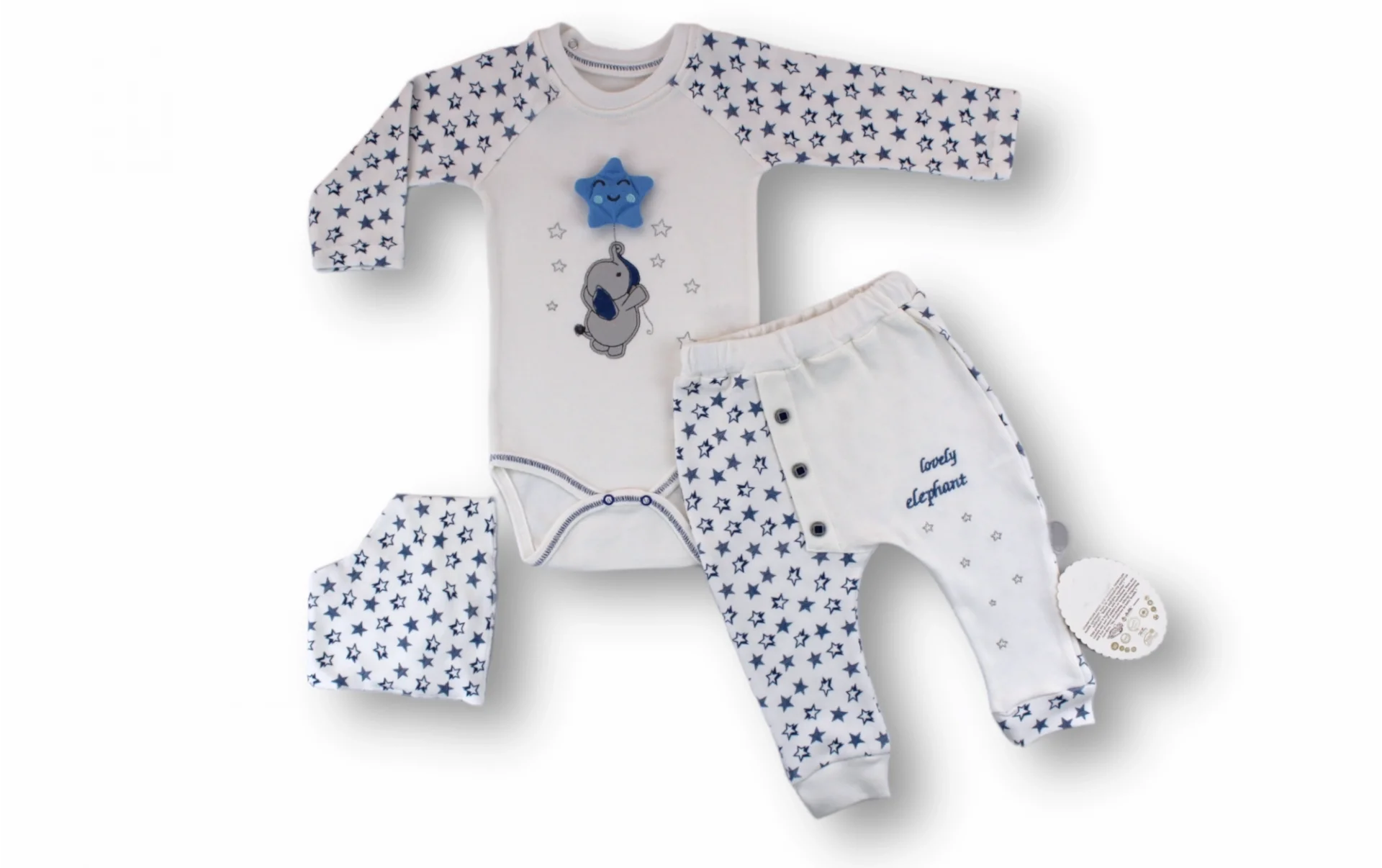 3-6 6-9 9-12 Months Pole Star Embroidered Bandage Long Sleeve With Pocket 3some Male Baby Kit Ekru
