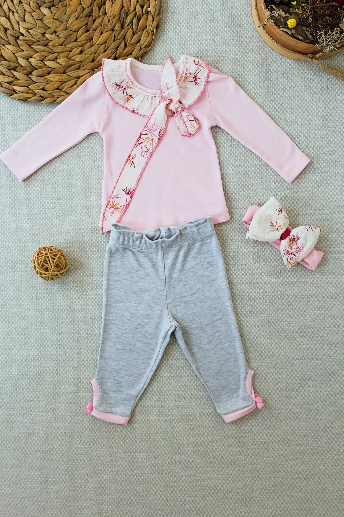3-6 6-9 9-12 Months Matmazel Collar Fırfır Detailed Bandanali Long Sleeve Sweat 3some Girl Baby Set Pink